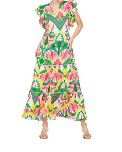 Jade Ruffle Trim Tiered Maxi Dress In Retro Sun In Multi