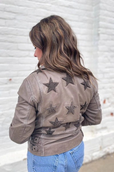 Mauritius Christy Star Detail Leather Jacket In Taupe In Grey
