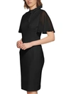 Calvin Klein Tie-neck Chiffon-flutter-sleeve Sheath Dress In Black