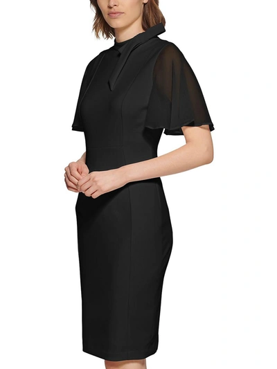 Calvin Klein Tie-neck Chiffon-flutter-sleeve Sheath Dress In Black