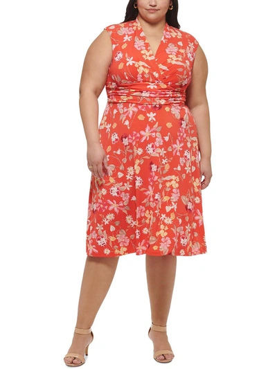 Jessica Howard Plus Womens Jersey Floral Fit & Flare Dress In Red