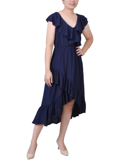 Ny Collection Petites Womens Ruffled Hi-low Midi Dress In Blue