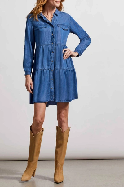 Tribal Chambray Roll-sleeve Shirt Dress In Blue