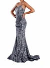 Jadore Peplum Embroidered Gown In Charcoal In Pink