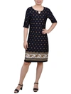 Ny Collection Petite Elbow Sleeve Knee Length Dress With Hardware In Blue