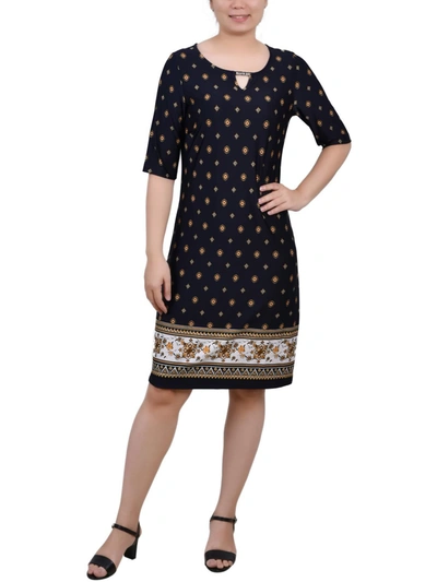 Ny Collection Petite Elbow Sleeve Knee Length Dress With Hardware In Blue