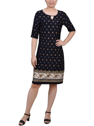 Ny Collection Petite Elbow Sleeve Knee Length Dress With Hardware In Multi
