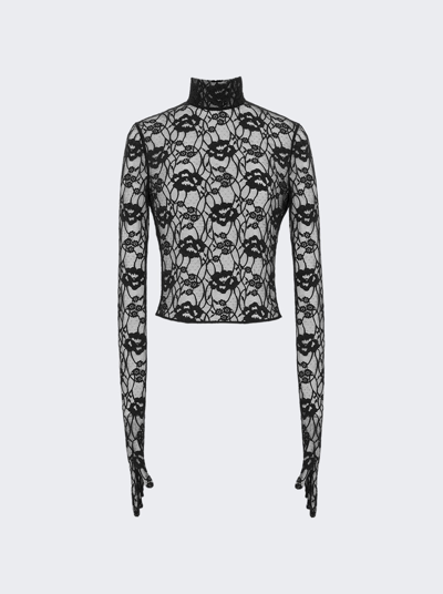Saint Laurent Floral Lace Gloved Long-sleeve Top In Black