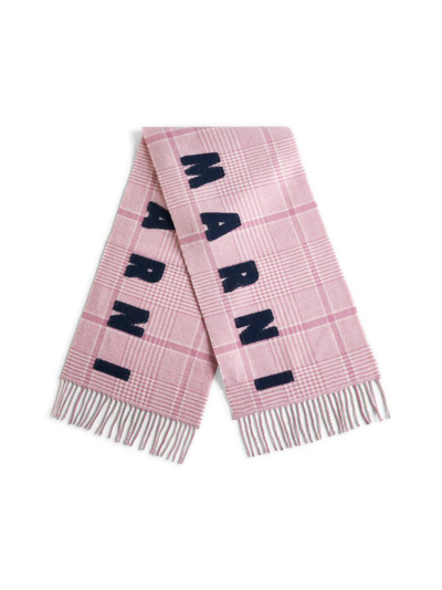 Marni Logo Patch Fringed Scarf In Pink