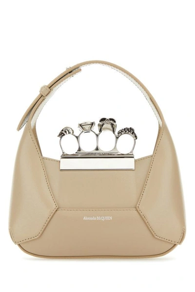 Alexander Mcqueen Woman Sand Leather Mini Jewelled Hobo Handbag In Brown