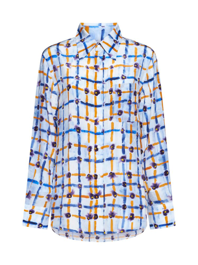 Marni Mix-print Pointed-collar Silk Shirt In Blue