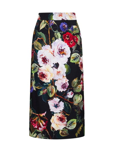 Dolce & Gabbana Floral Print Midi Skirt In Black,multicolor