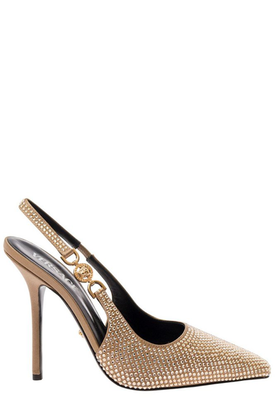 Versace Crystal Stiletto Slingback Pumps In Gold