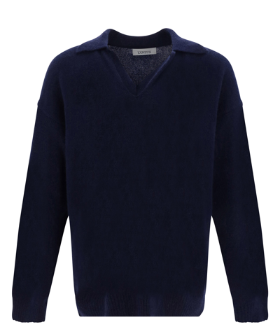 Laneus V-neck Ribbed-knit Jumper In Navy