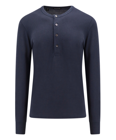 Tom Ford Henley Long Sleeve Buttoned T-shirt In Blue