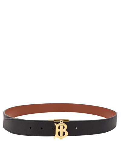 Burberry Leather Reversible Tb Belt In Black/tan/light Gold