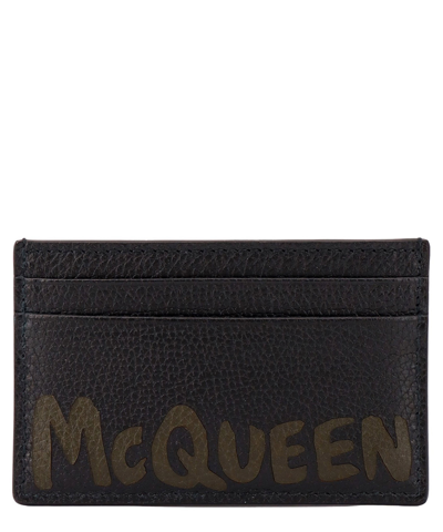 Alexander Mcqueen Black Khaki Graffiti-print Leather Card Holder