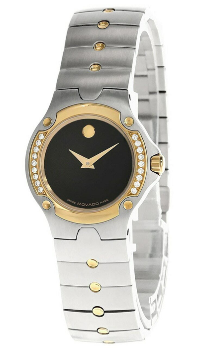 Pre-owned Movado Diamond Bezel Blk Museum Dial 2-tone Women's Watch 0604486