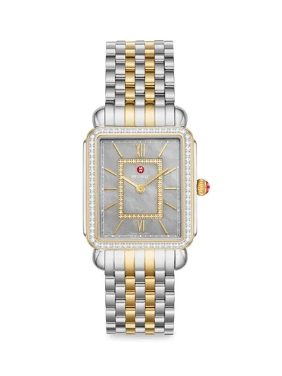 Pre-owned Michele Deco Ii Diamond Gray Mop Dial Gold Two-tone Watch Mww06x000040