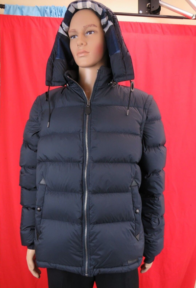 Pre-owned Burberry Basford 2 In 1 Blue Navy Check Detachable Hooded Down Puffer Jacket Xl