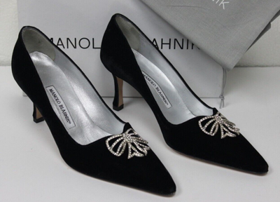 Pre-owned Manolo Blahnik Terlan Black Velvet Heels Pumps Crystal Embellishments 39