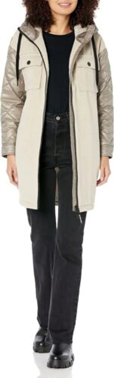 Pre-owned Calvin Klein Women's Petite Hooded Faux Wool Mix Puffer Zip Up Jacket In Khaki