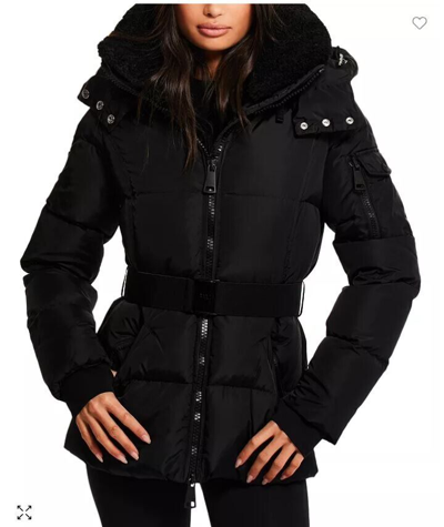 Pre-owned Sam $625 . Liv Belted Hooded Puffer Coat Jacket Color Matte Black/black Sz M