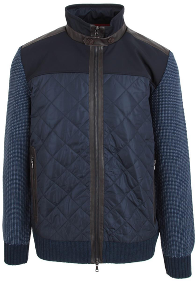 Pre-owned Paul & Shark Yachting Men's Zip Wool Cardigan With Lamb Leather Blue Size L