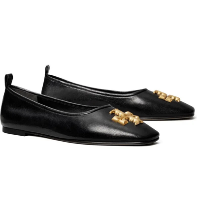 Pre-owned Tory Burch Eleanor Leather Ballet Flats Black Us 8.5 Authentic