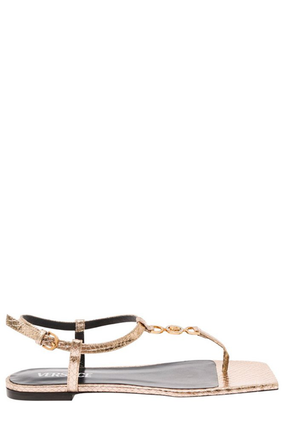 Versace Embellished Flat Sandals In Champagne__gold