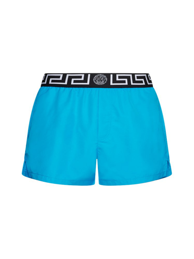 Versace Greca-waistband Swim Shorts In Sky Blue