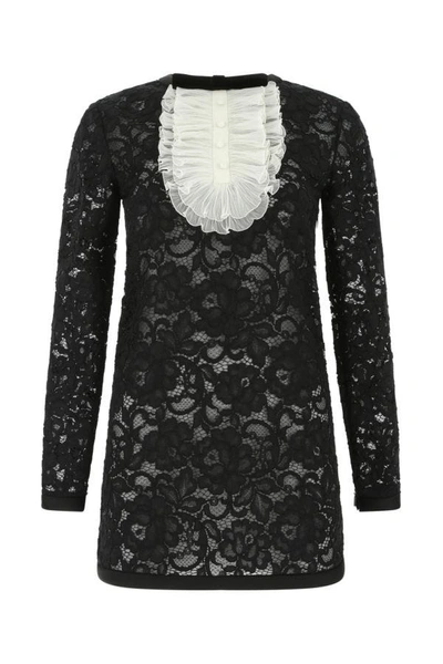 Saint Laurent Frill Detail Lace Dress In Black
