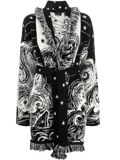Alanui Graphic Pattern Belted Fringed Cardigan In Nero