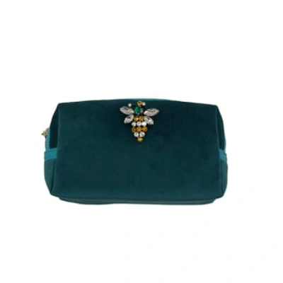 Sixton London Recycled Velvet Make-up Bag With Queen Bee Pin In Green