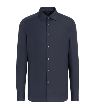 Zegna Trofeo Comfort Cotton Long-sleeved Shirt In Navy Blue