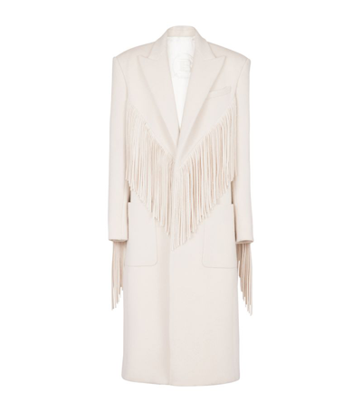 Balmain Single-breasted Fringed Maxi Coat In Neutrals