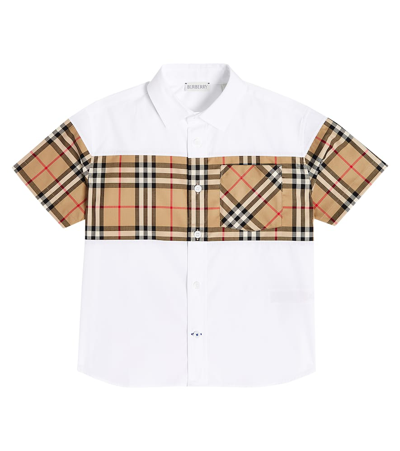 Burberry Kids' Boy's Devon Check Panel Short-sleeve Shirt In White