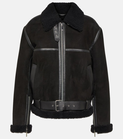 Totême Shearling-trim Zip-up Suede Jacket In Black