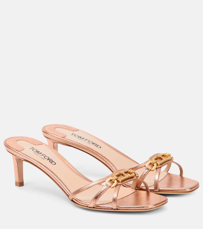 Tom Ford Monogram Metallic Leather Mules In Pink
