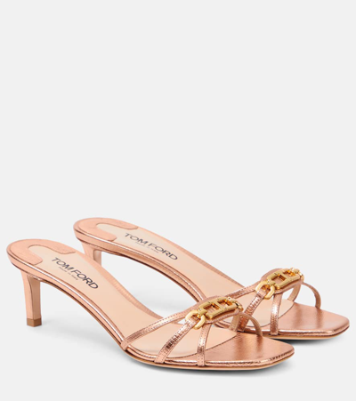 Tom Ford Monogram Metallic Leather Mules In Neutrals