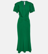 Victoria Beckham Gathered Wool V-neck Midi Dress In Green