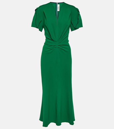 Victoria Beckham Gathered Wool V-neck Midi Dress In Green