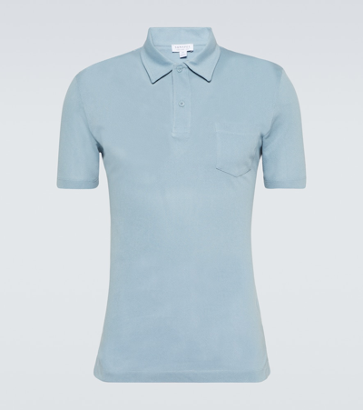 Sunspel Mens Sky Blue24 Riviera Patch-pocket Cotton Polo Shirt