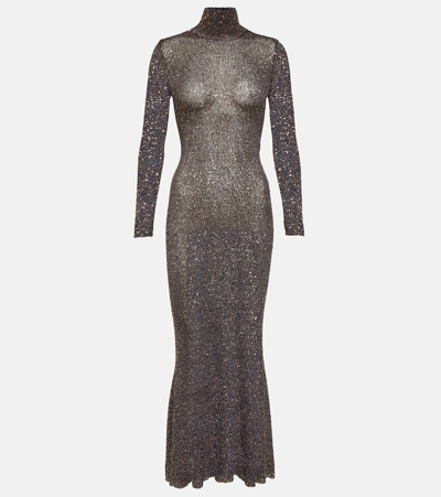 Balenciaga Sequined Metallic Knit Maxi Dress In Black,silver