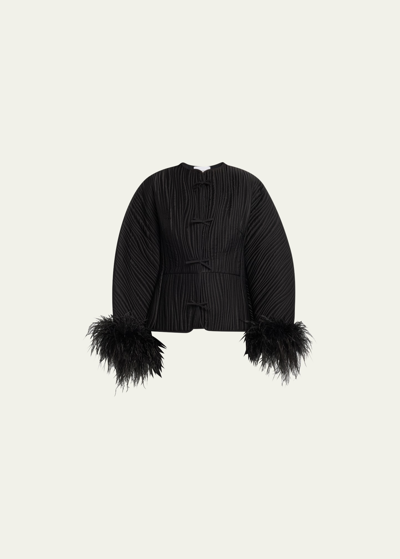 Sleeper Black Tie Cropped Feather-trim Pajama Set