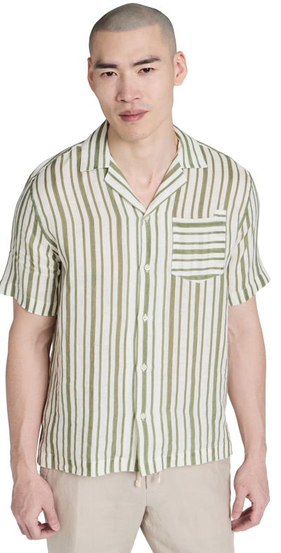 Frescobol Carioca Angelo Striped Linen Short-sleeved Shirt In Army Green
