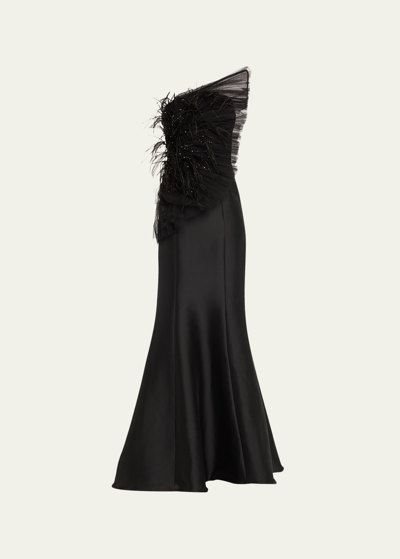 Badgley Mischka Strapless Feather Ruffle Mermaid Gown In Black