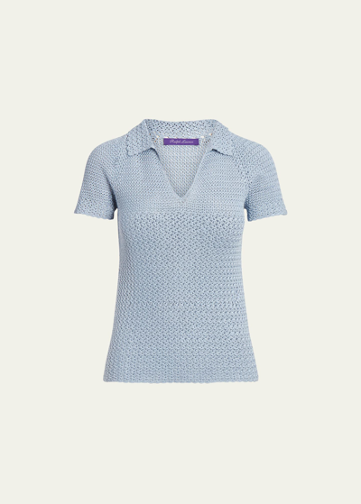 Ralph Lauren Open-knit Johnny Collar Top In Blue