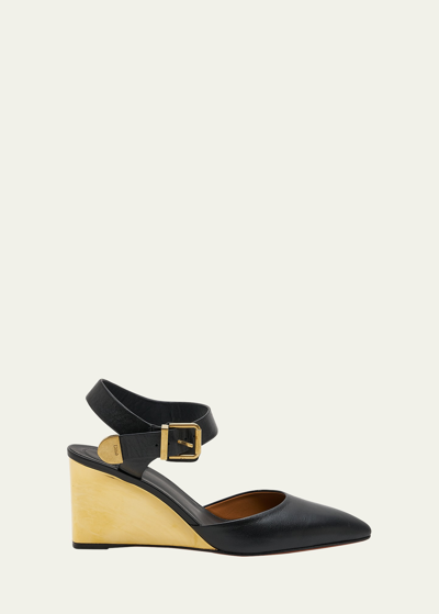 Chloé Rebecca Leather Wedge Ankle-strap Pumps In Black