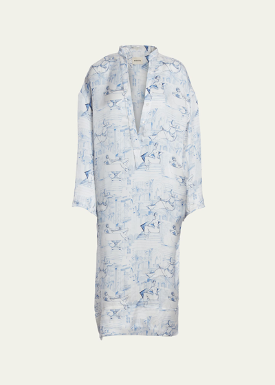 Khaite Brom Printed High-low Midi Dress In Cream / Blue